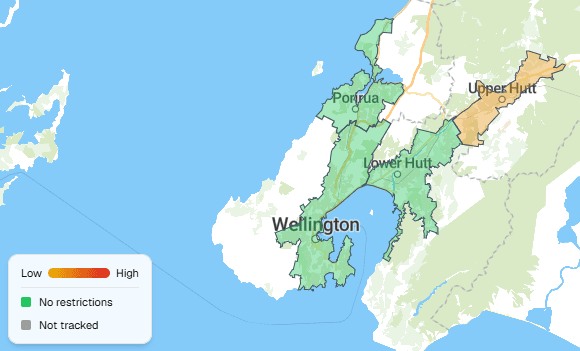Map view showing an example of the legend with colours corresponding to area water restriction severities.