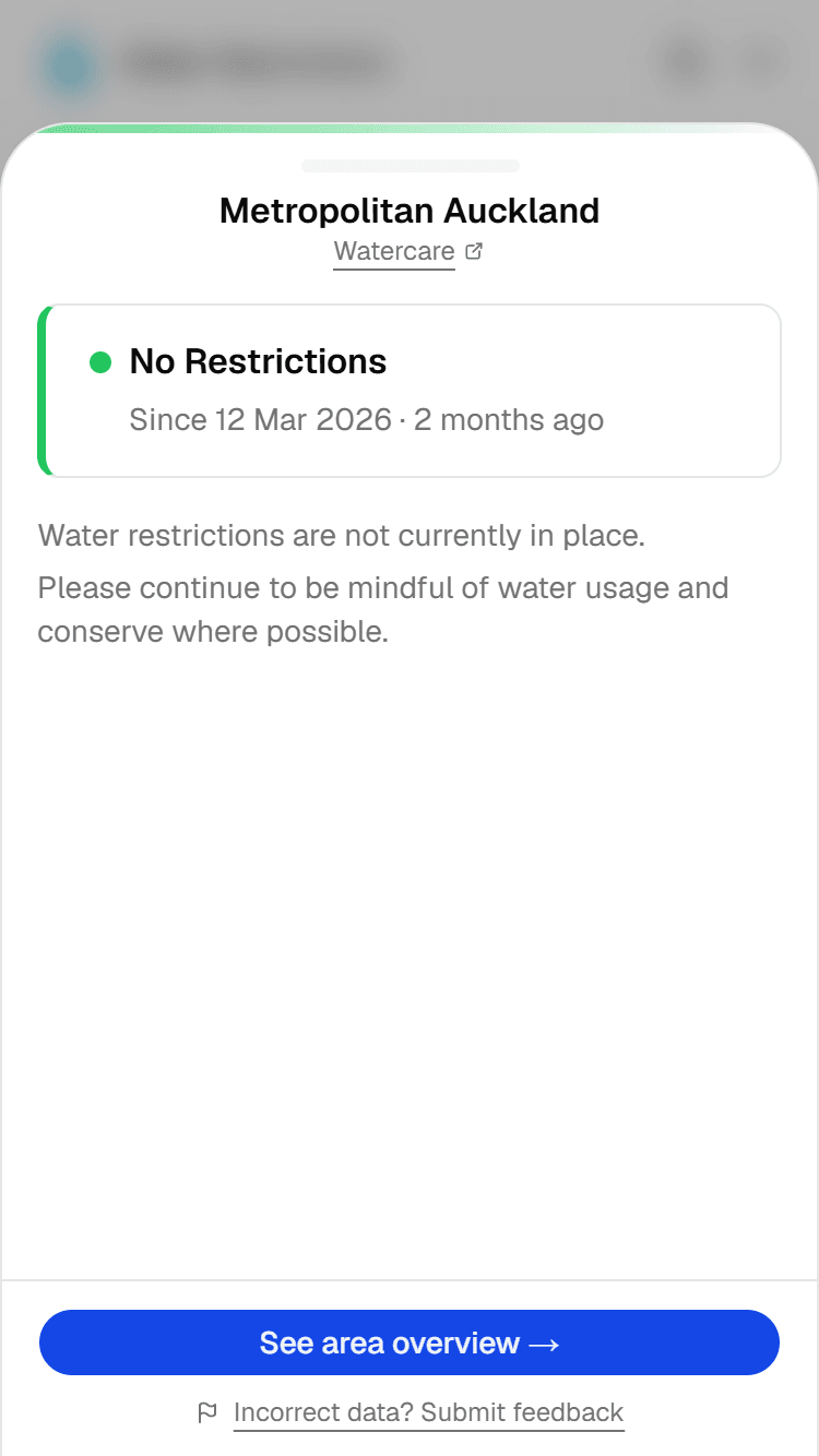 Mobile drawer showing an area summary.